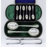 A Pair of George V Silver Serving Spoons, and mixed silverware, the serving spoons by Walker & Hall,