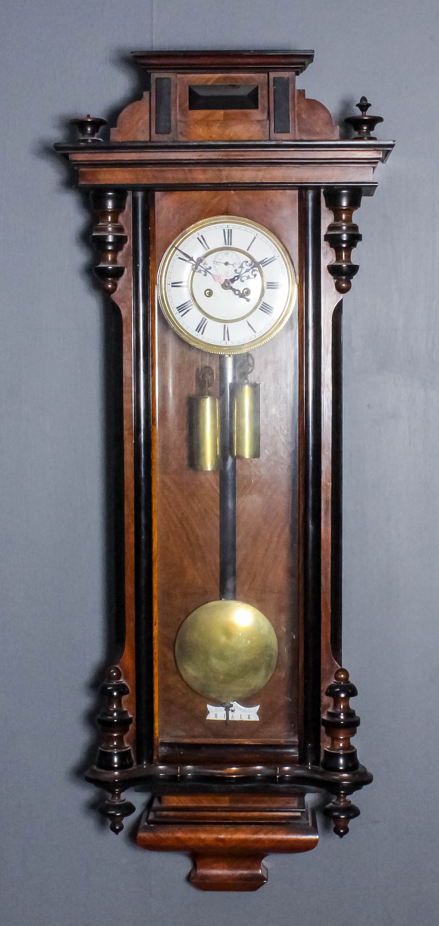 A Walnut and Ebonised Cased "Vienna Regulator, Late 19th Century, the 6.5ins diameter white enamel