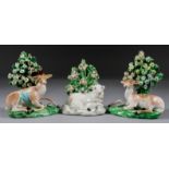 A Pair of Derby Porcelain Figures of a Stag and Doe, Late 18th Century, with bocage, patch marks and