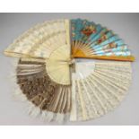 A Collection of Fans, Late 19th/Early 20th Century, including - bone sticks with silk leaf painted