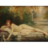 ***Jeanne Beitz (1881-1965) - Oil painting - A female nude study lying besides a pool, signed,