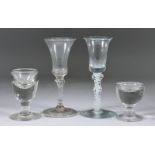 Two Wine Glasses, 18th Century, one with bell bowl, knop to plain stem over a plain folded foot, 6.