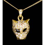 A Diamond and Sapphire Leopard Head Pattern Pendant, Modern, by De Caria, pave set with diamonds and