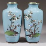 A Pair of Japanese Cloisonne Enamel Baluster-Shaped Vases, Meiji Period, each with a bird on a