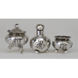 Three Chinese Silvery Metal Condiments, by Luen Wo of Shanghai, all of bulbous form and applied with