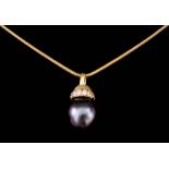 A Pearl and Diamond Pendant, Modern, on 18ct gold mount, the single pearl suspended from diamond set