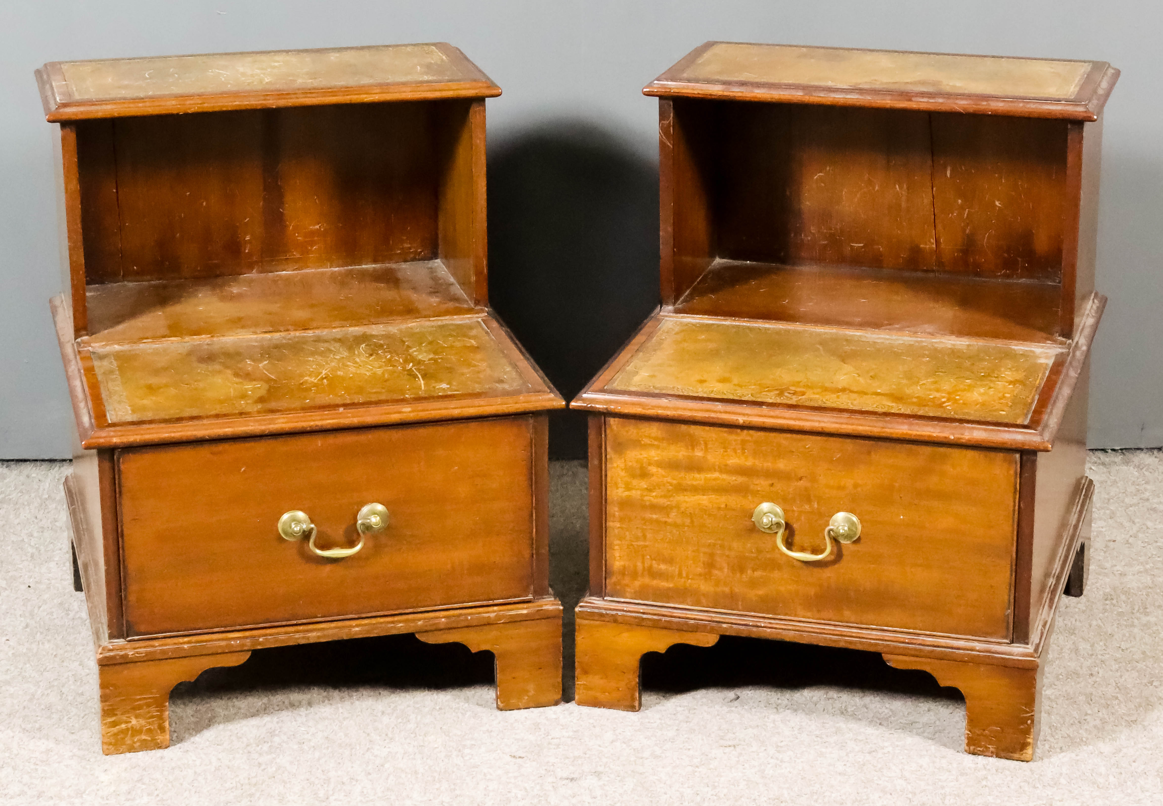 A Pair of Modern Mahogany Two-Tier Bedside Tables/Steps, with moulded edge to tops and leather