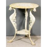 A White Painted Cast Iron Circular Garden Table, 19th Century, with pierced top on three shaped