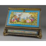 A French Gilt Brass Framed and Porcelain Mounted Stationery Box, Late 19th Century, the porcelain