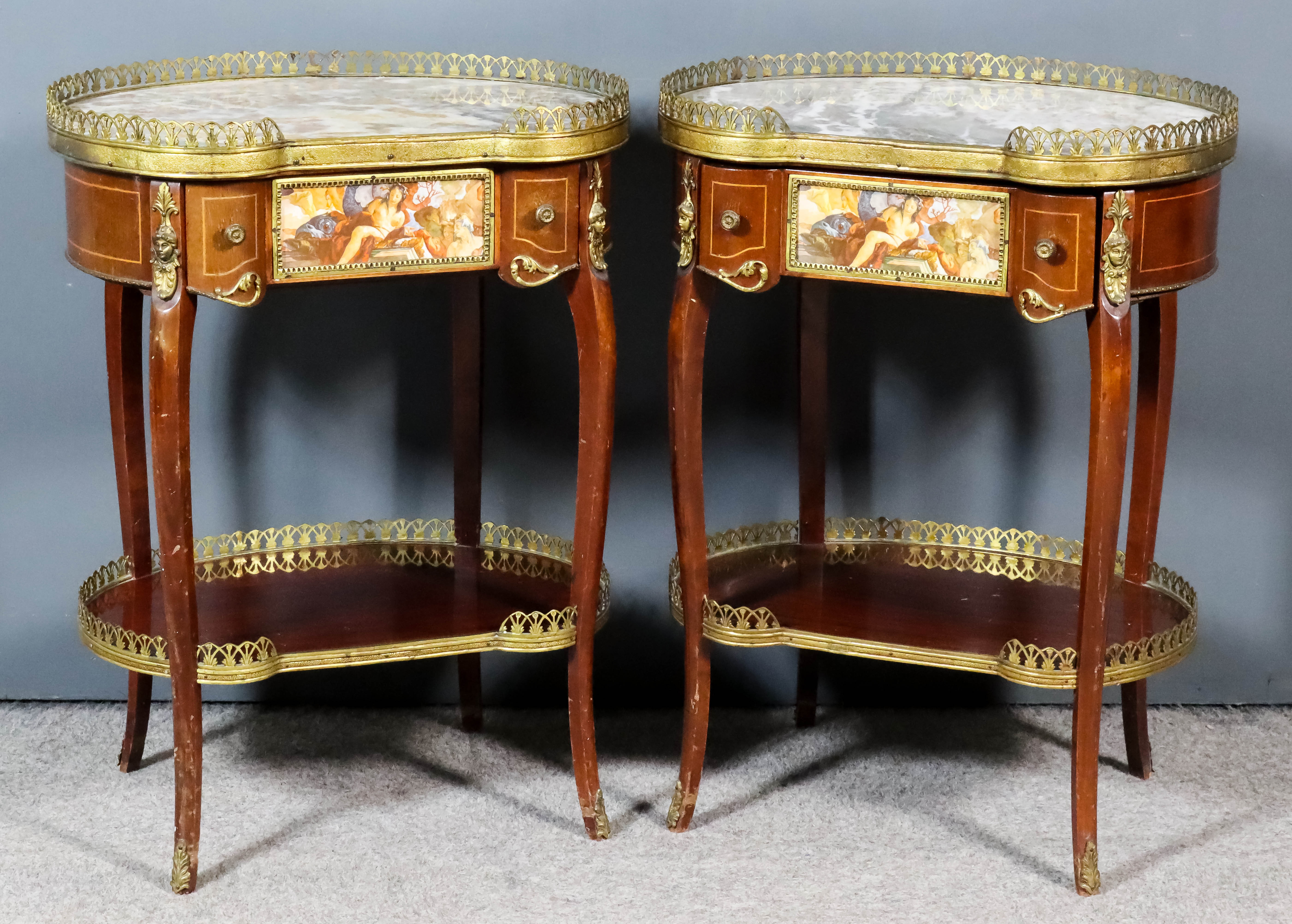 A Pair of 20th Century Mahogany and Gilt Metal Mounted Kidney Shaped Two-Tier Occasional Tables,