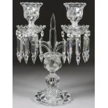 A Baccarat Glass Two-Branch Lustre Candlestick, 20th Century, 13.25ins high, etched and moulded
