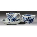 A Worcester Blue and White Porcelain Fluted Tea Bowl, Saucer and Coffee Cup, painted with the "