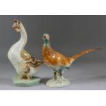 Two Royal Dux Models - Chinese goose, 11.25ins high, pheasant, 9ins high