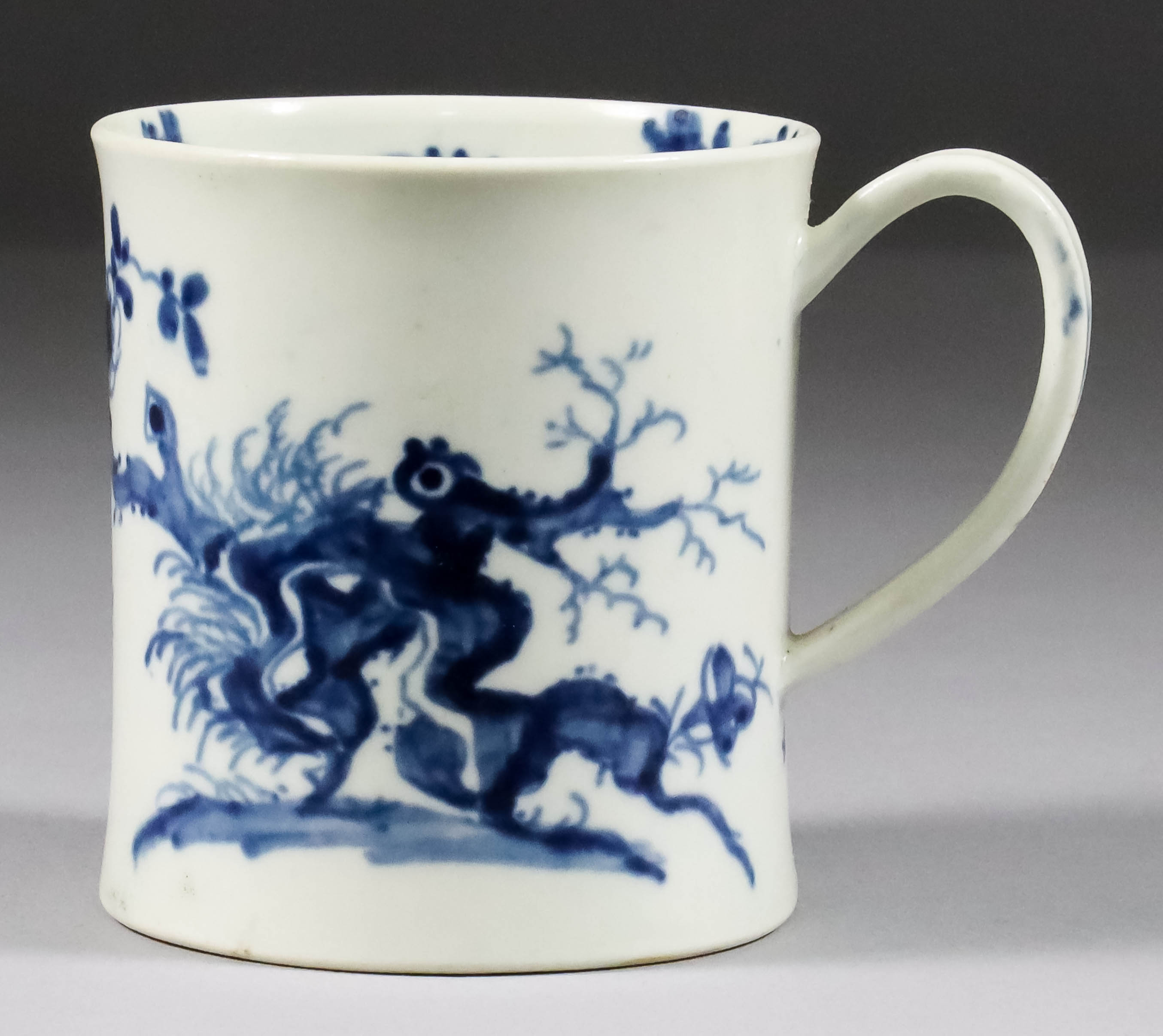 A Worcester Blue and White Porcelain Coffee Cup, painted with the "Prunus Root" pattern, c. 1755,