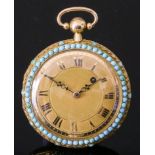 A 19th Century Continental Gold Coloured Metal and Turquoise Mounted Pocket Watch, the gilt dial
