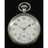 A Nickel Plated Open Faced Keyless Military Pocket Watch, 1930's, by Rolex, the white enamel dial