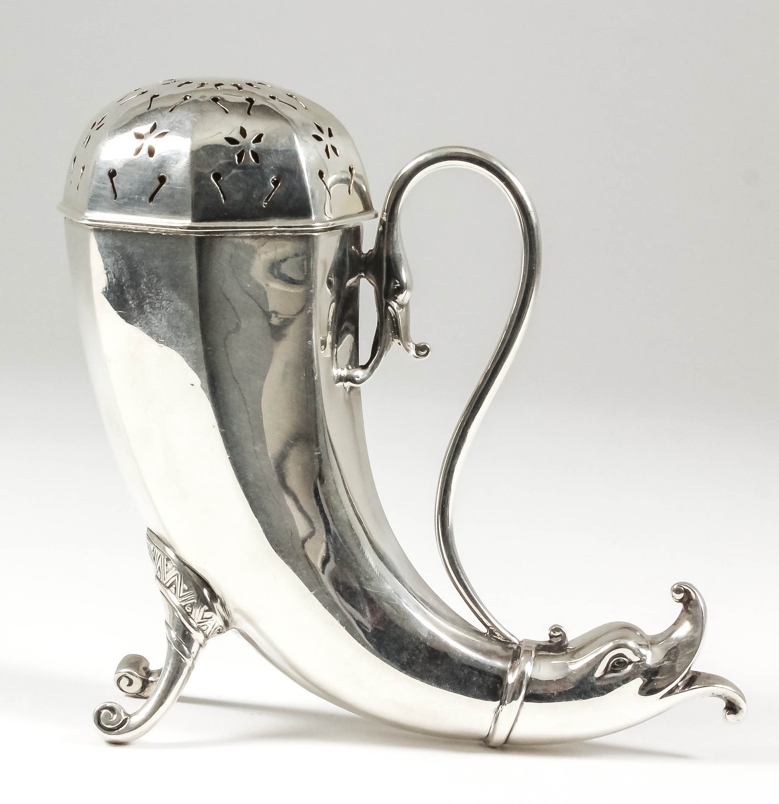 A George V Silver Horn Pattern Sugar Caster in the Celtic Manner, Birmingham 1930, with import marks