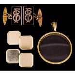 A Pair of Gentleman's 9ct Gold and Black Enamel Rectangular Cufflinks, the faces applied with