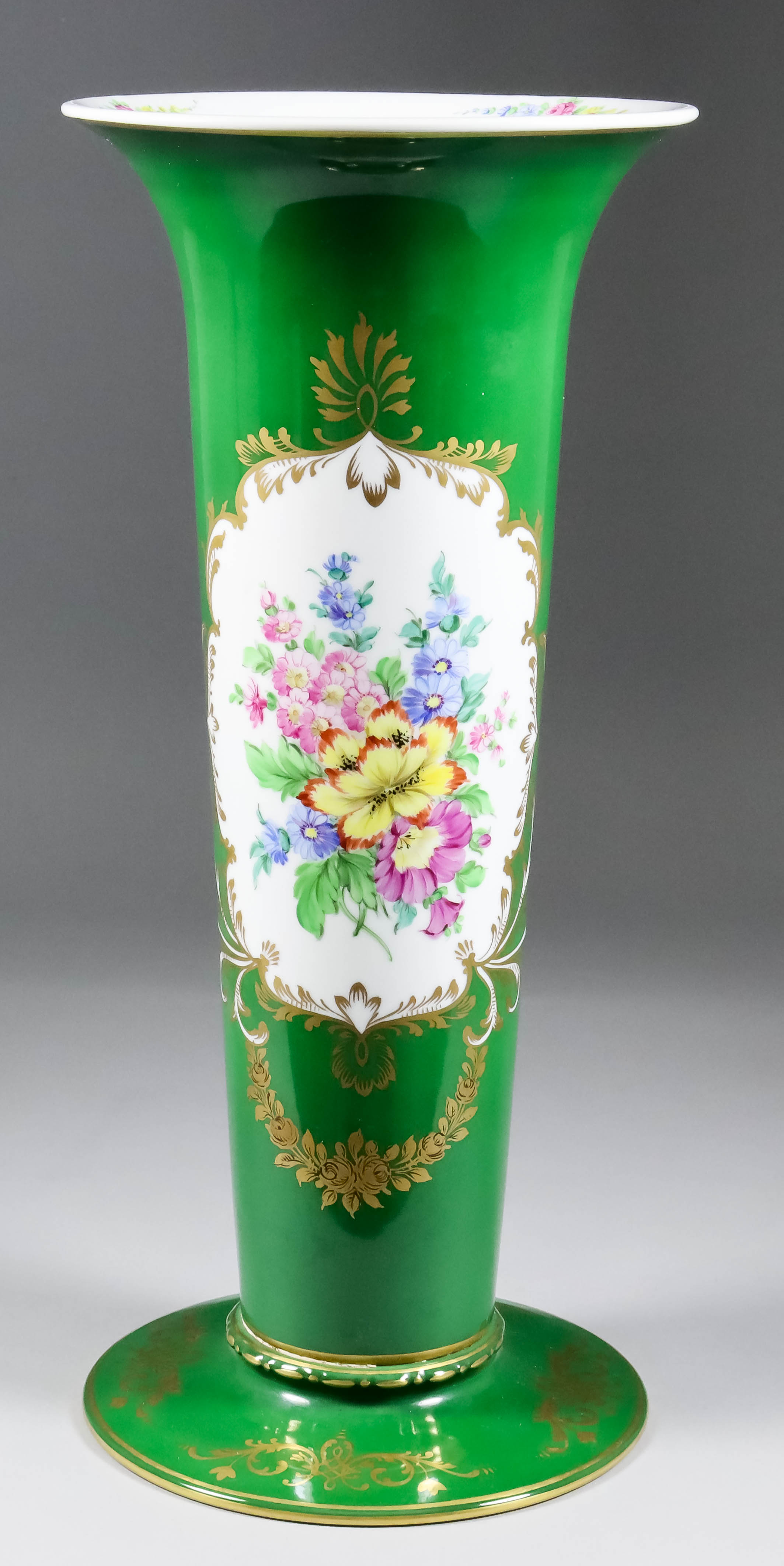 A Dresden Porcelain Flared Vase, Modern, painted with a flowering bouquet within an ornamental