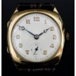 A Wristwatch, Early 20th Century, 9ct Gold Cased, the silvered dial with gilt Arabic numerals and