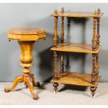 A Victorian Figured Walnut Three-Tier Whatnot and a Victorian Walnut Octagonal Work Table, the