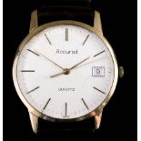 An Accurist Quartz Wristwatch, Modern, 9ct Gold Cased, the silvered dial with gold baton numerals,