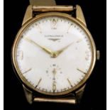 A Longines Wristwatch, 20th Century, 9ct Gold Cased, the cream dial with Arabic and numeral batons