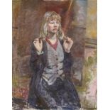 ***John Miles Bourne Benson (1889-1950) - Oil painting - Three-quarter length portrait of a kneeling