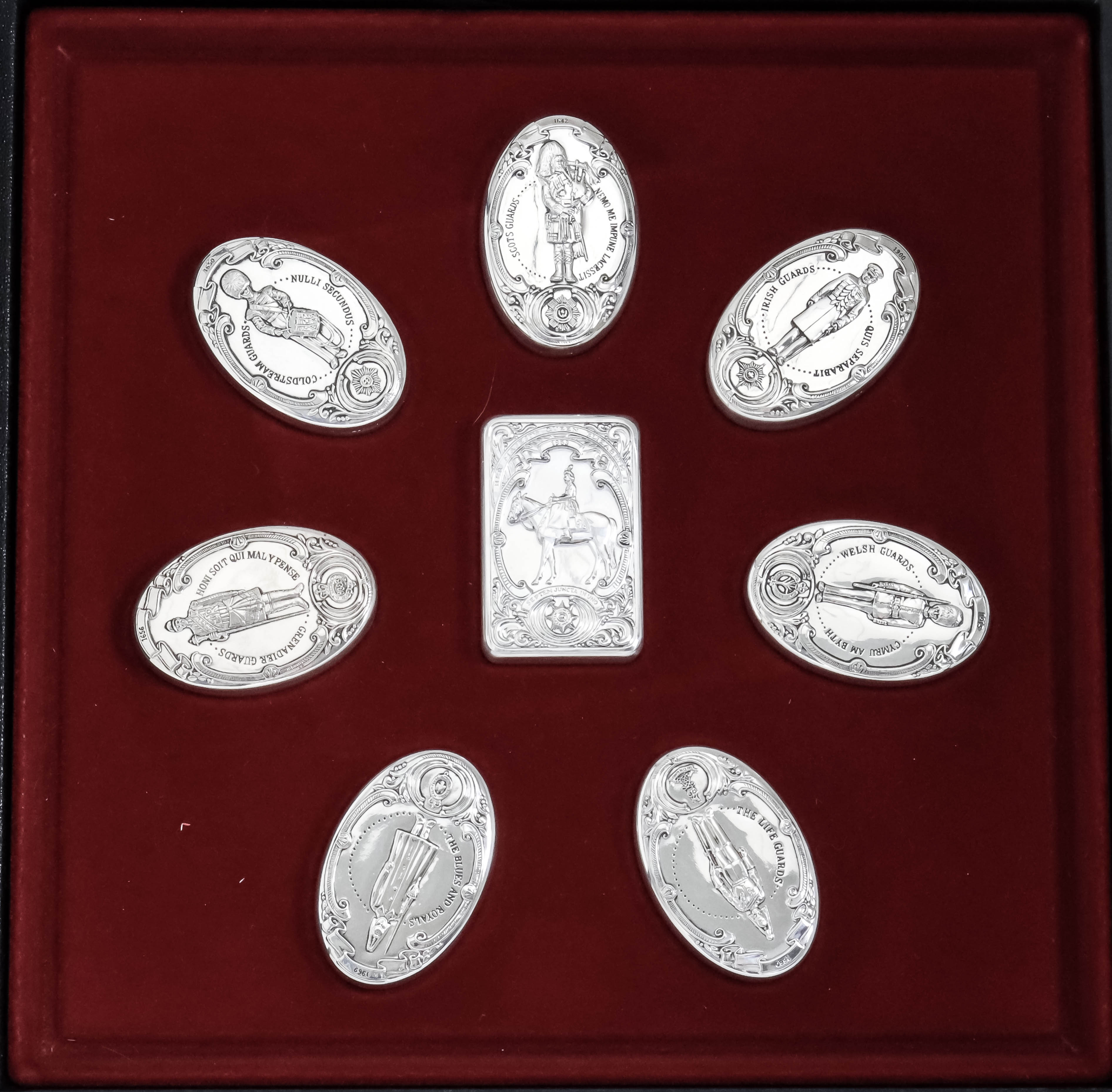 The Guards Regiments - A Collection of Eight "Sterling" Silver boxes, seven oval and one