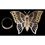 A 9ct Gold and Ruby Butterfly Pattern Brooch, 20th Century, set with twenty-four small rubies,