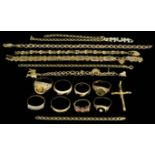 A Mixed Lot of 9ct Gold, comprising - seven bracelets, three wedding bands, two Mexican coin