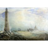 19th Century English or Canadian School - Watercolour - Sailing boats in a storm off a lighthouse,