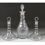 An English Glass Mallet Shaped Decanter and Stopper with Diamond Cutting, 19th Century, one panel