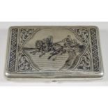 A 19th Century Russian Silvery Metal and Niello Work Rectangular Cigar Case, by C. H., the lid