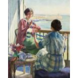 Arthur Kemp Tebby (circa 1865-1935) - Oil painting - "On the Balcony, St. Ives" - Two ladies