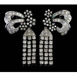 A Pair of All Diamond Drop Earrings, in white coloured metal mounts with clip-on fixings, of ribbon,