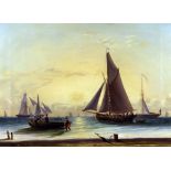 John George Naish (1824-1905) - Oil painting - Fishing boats and paddle steamer at sunset, signed,