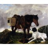 19th Century English School - Oil painting - Pack horse and dog with dead pheasants in a