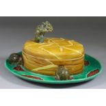 A Rare Minton Majolica "Mouse" Oval Cheese Dish and Cover, circa 1876, the cover modelled with a