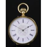 A Continental Lady's 18ct Gold Cased Open Faced Keyless Lever Pocket Watch, the white and lilac