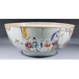 A Chinese Porcelain Punch Bowl, 18th Century, enamelled in colours with figures on terraces, and