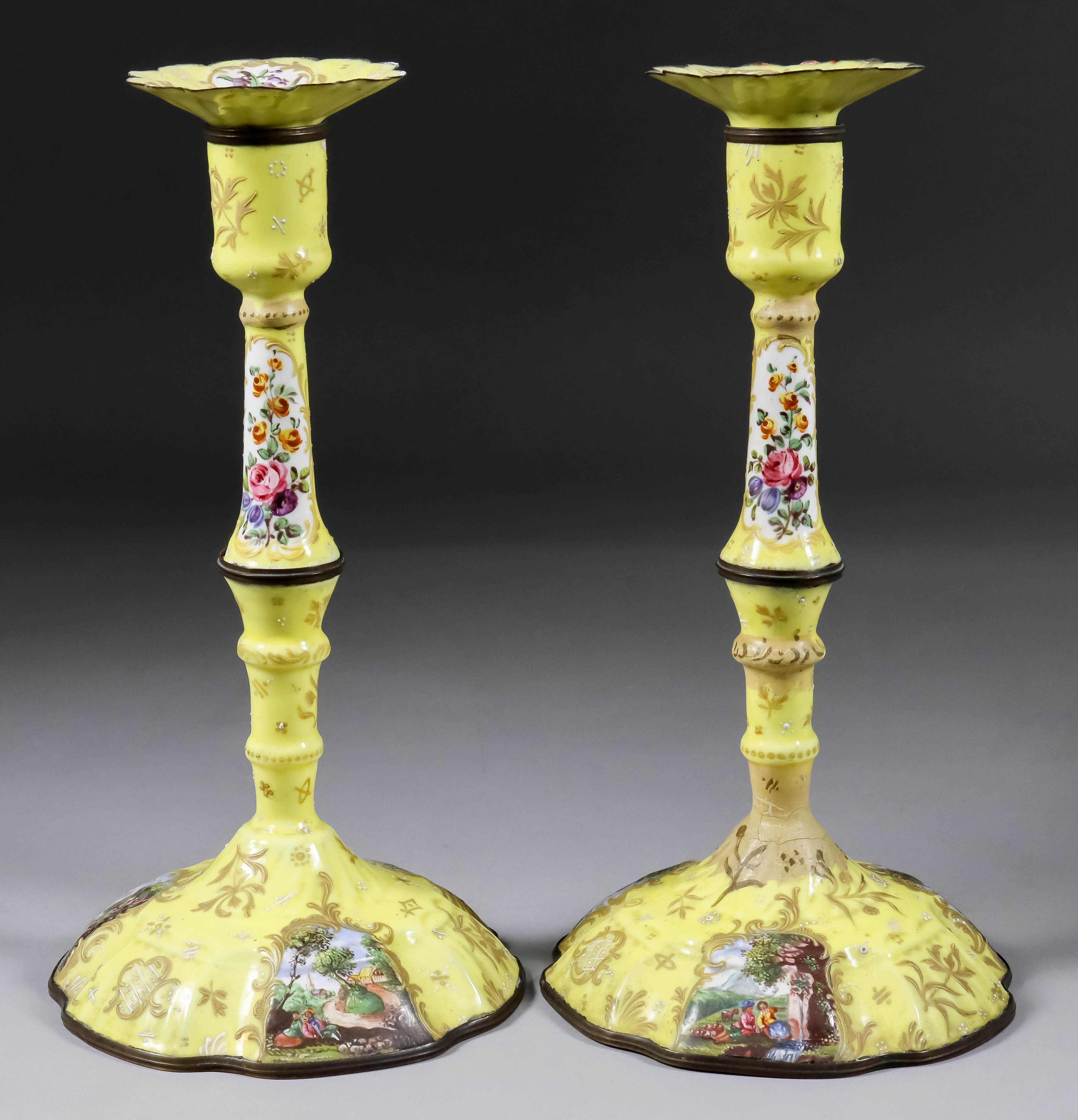 A Pair of George III Enamel Pillar Candlesticks, Late 18th Century, enamelled with vignettes of