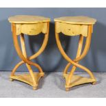A Pair of Modern Continental Satin Burrwood and Beechwood Bedside Tables, of triangular form, the