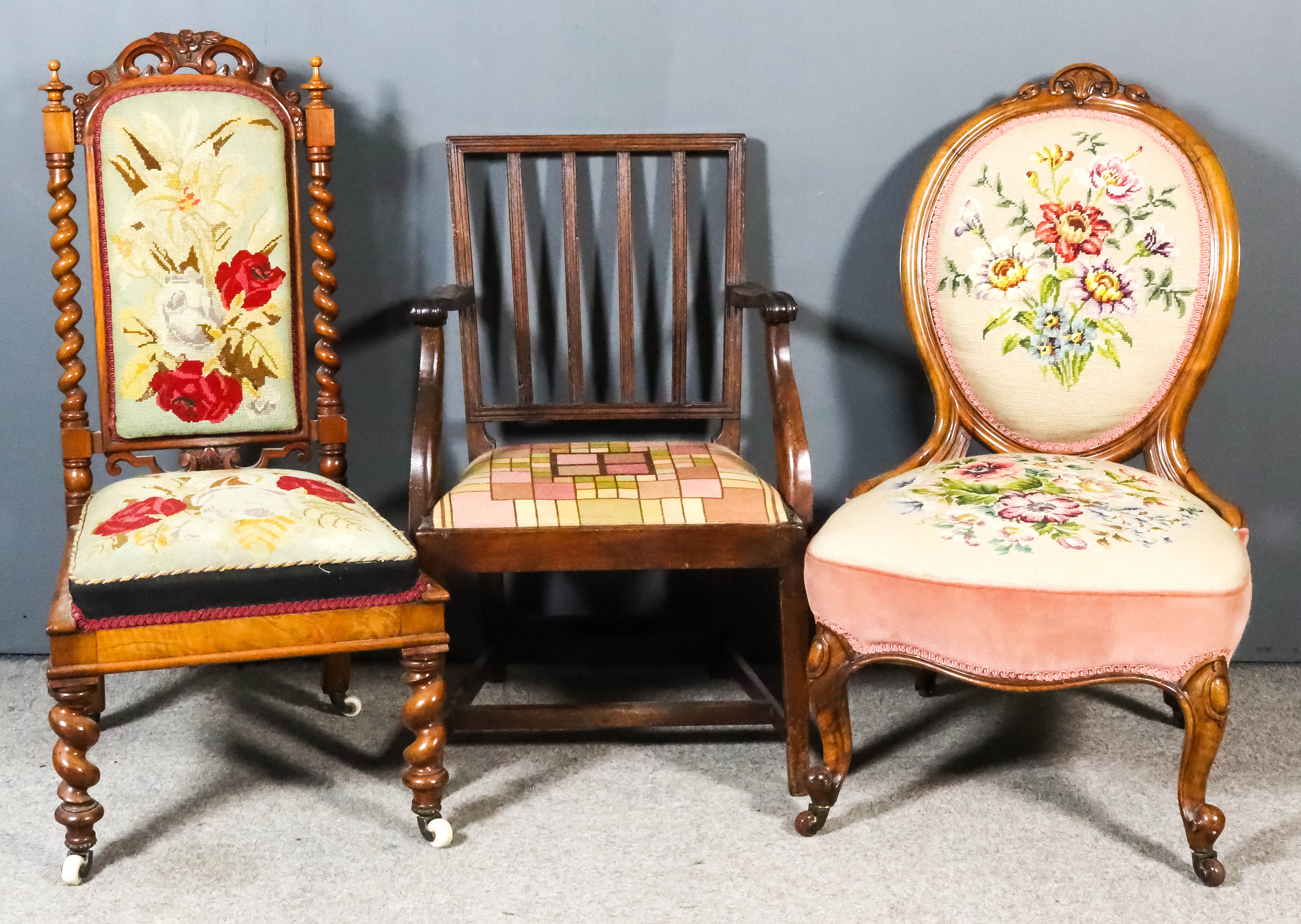 A Victorian Walnut Balloon Back Nursing Chair, a Victorian Walnut Nursing Chair, and a Child's