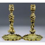 A Pair of Continental Cast Brass Pillar Candlesticks of Rococo Form, 20th Century, the column of