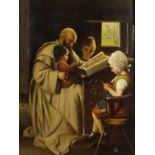 M. S. (19th Century School) - Oil painting - A monk with three children reading, monogrammed,