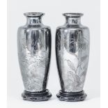 A Good Pair of Japanese Silver High-Shouldered Slender Baluster Shaped Vases, Taisho 1912-1926 or
