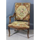 A 19th Century Continental Beechwood Framed Square Back Open Armchair, the seat and back upholstered