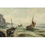 Late 19th Century English School - Oil painting - Beach scene evening with three fishing boats