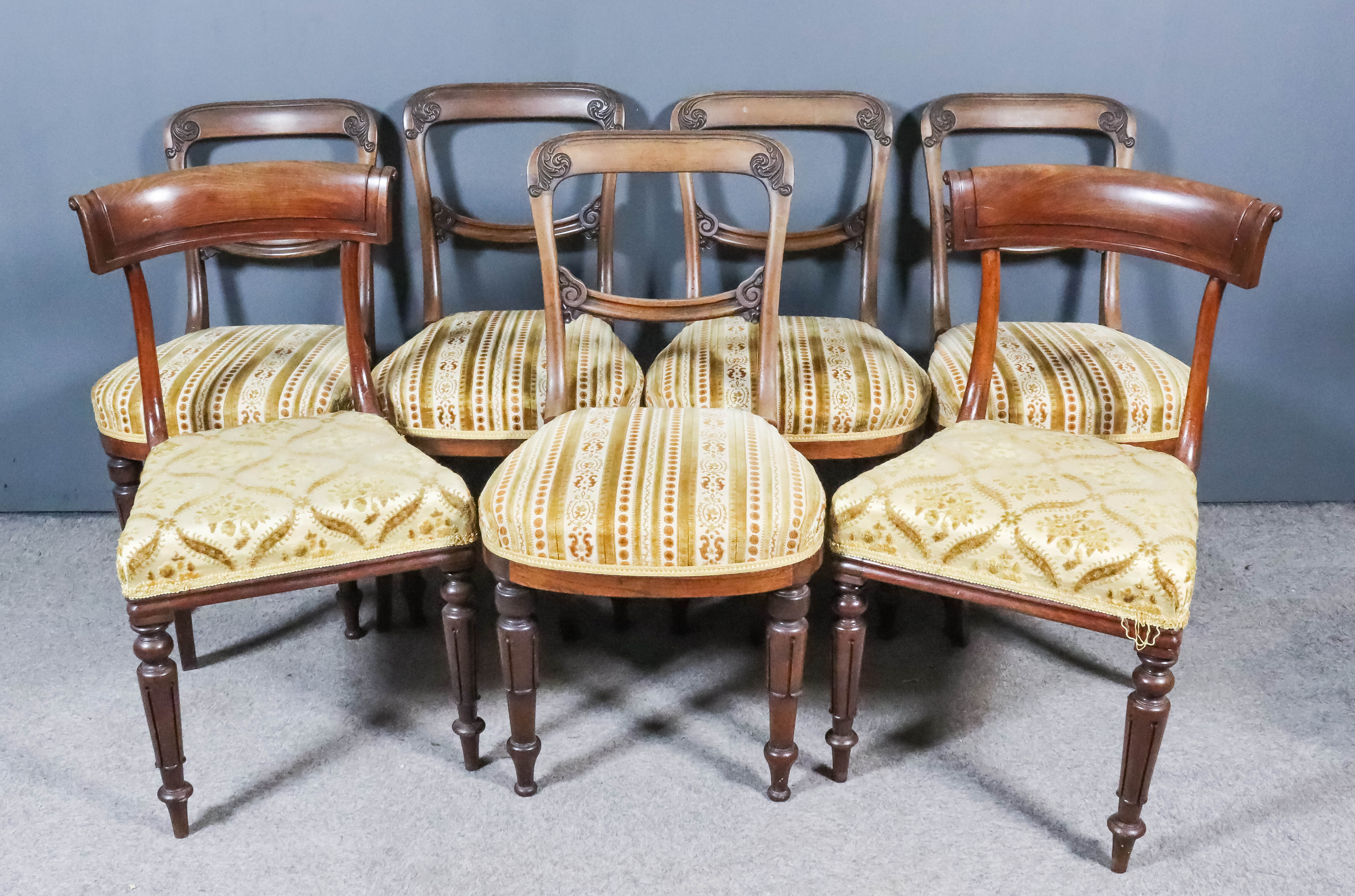 Five Victorian Rosewood Dining Chairs and Two William IV Mahogany Dining Chairs, the Victorian